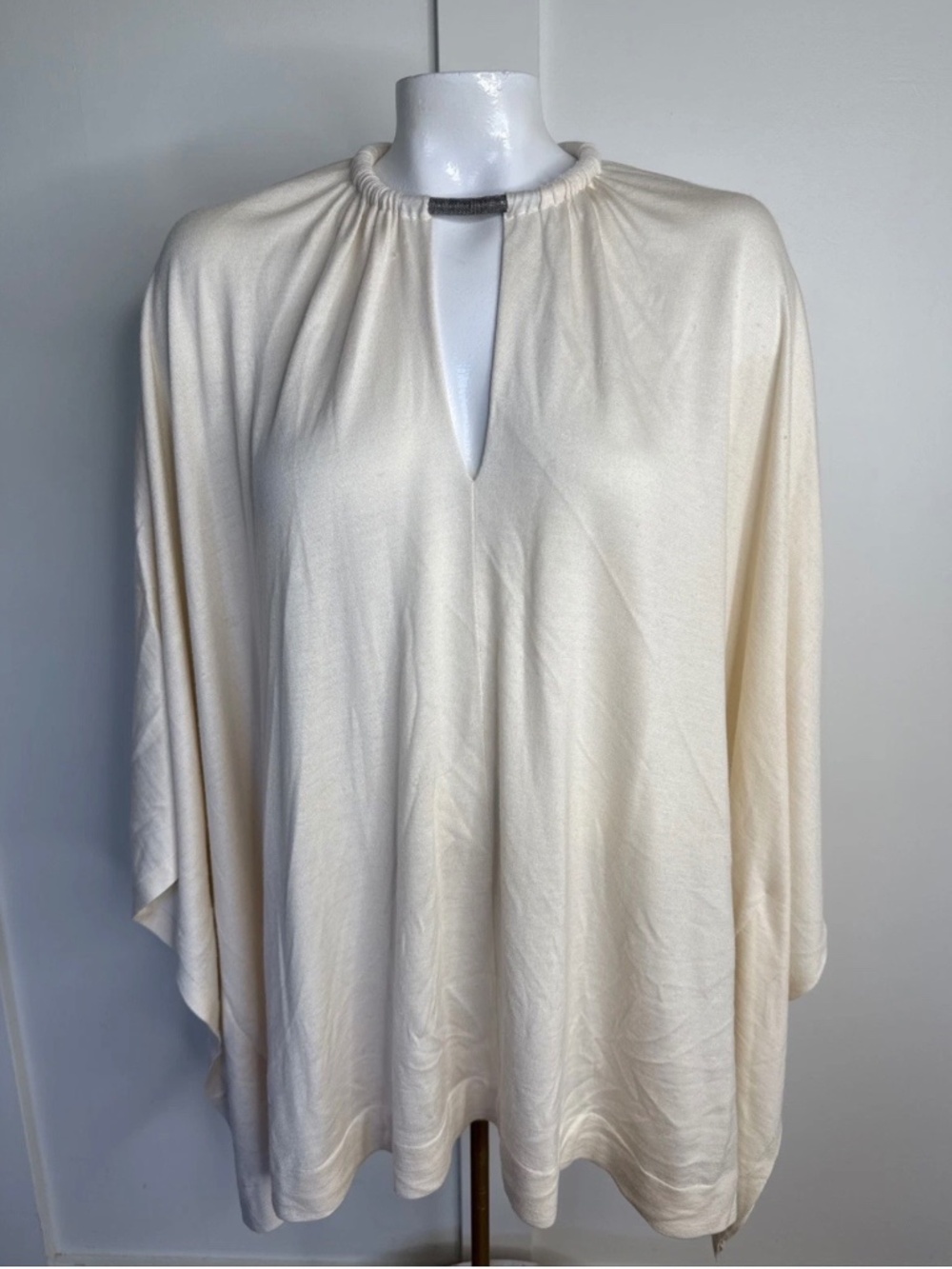 Brunello Cucinelli Women Sz L Cashmere Silk Poncho Knit Top Blouse Beaded Neck